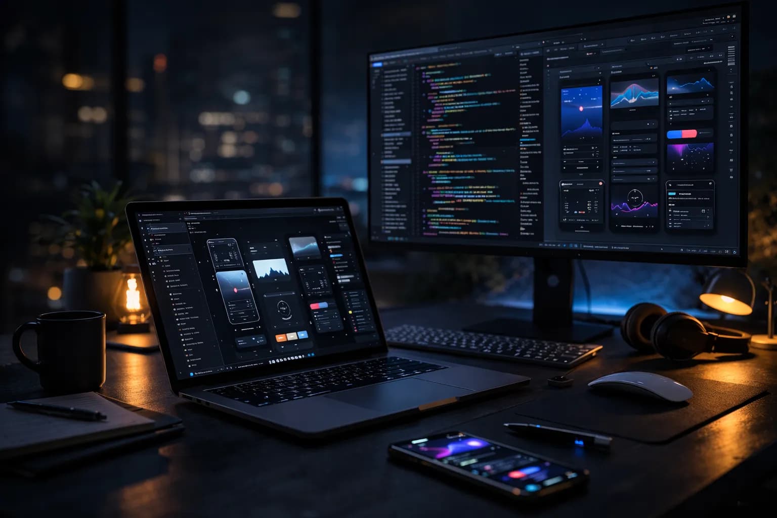 Modern web development workspace with multiple devices